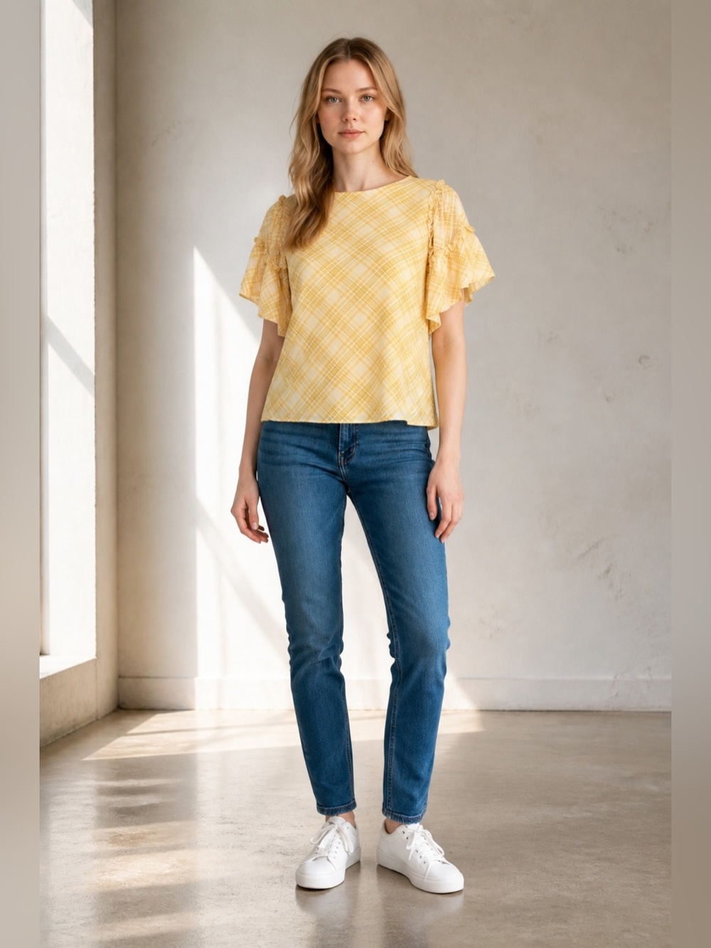 The Clothing Company Plaid Yellow short ruffle sleeve TOP. NWT